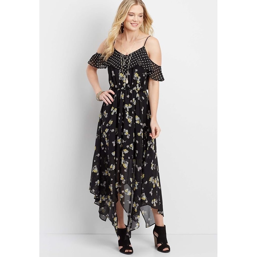 Cold Shoulder Floral Polka Dot Whimsygoth Handkerchief Hem Maxi Dress Black XL